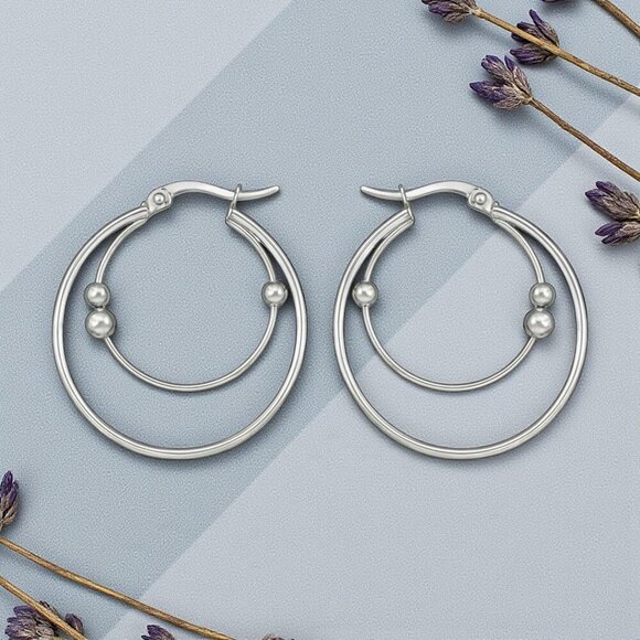 ๐๏ธ Elegant Silver Beaded Stainless Steel Hoop Earrings โ 1.4" Inner Diameter - Picture 5 of 11